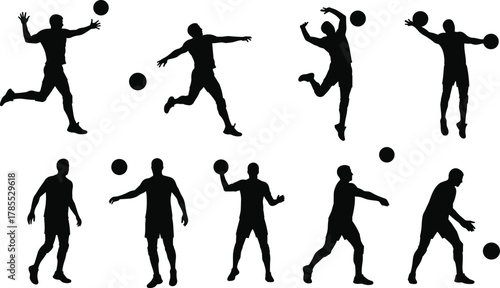 Volleyball player silhouette collection, dynamic action poses with ball, jumping spike, serve, and receive, sports vector illustration set for athletic design and competition themes