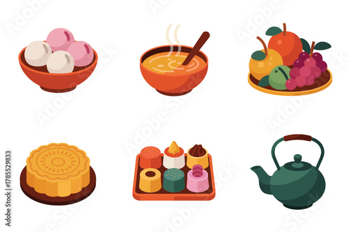 Outline icons for Asian traditional food, illustrating bowls of dessert, fruit, seasonings, and green ceramic teapot,
