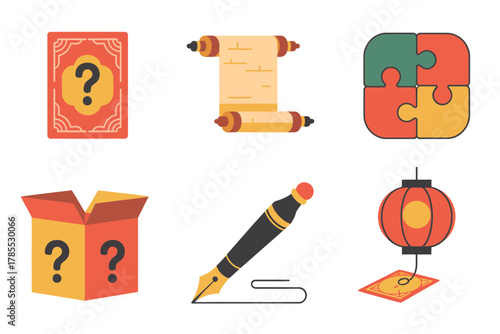 Outline icons for problem solving and learning, representing question marks, scroll, puzzle, pen, and lantern,