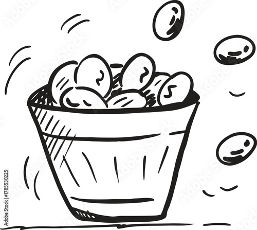Hand-drawn bucket brimming with falling coins, illustrating wealth concept.