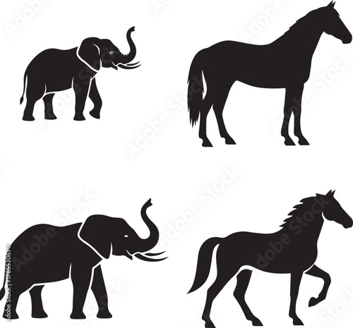 Silhouettes of Elephants and Horses animal mammal