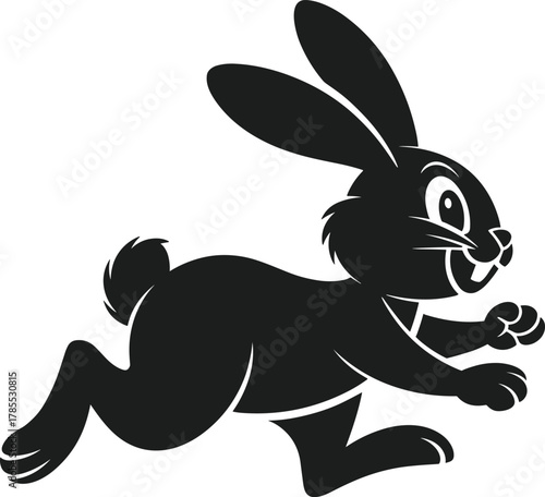 Black cartoon rabbit running with long ears and bushy tail