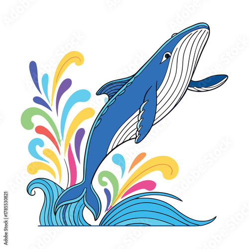 Blue whale breaching with vibrant abstract water splash illustration