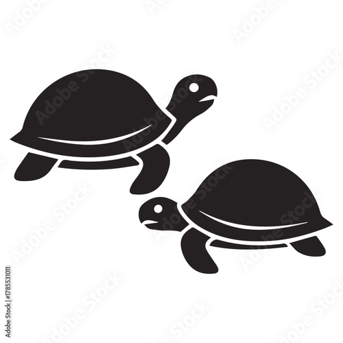 Two black silhouette turtles, one large and one small