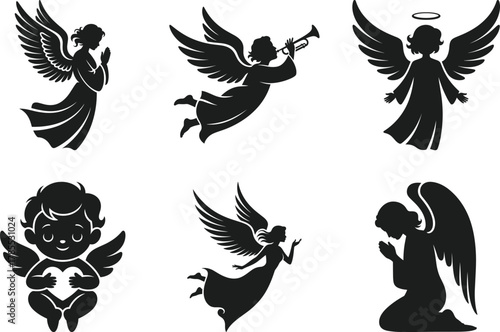 Angel Silhouette Vector Set – Praying and Flying Angel Illustrations