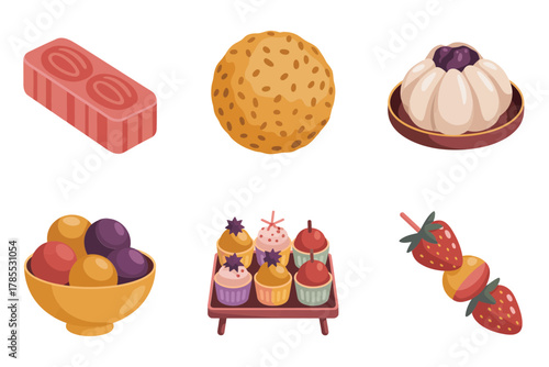 Flat vector icons for Asian cuisine and snacks, showing dumpling, sweet bun, fruit skewers, dipping sauces, and traditional steamed food,