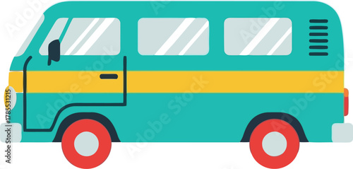 Retro teal van with yellow stripe flat design