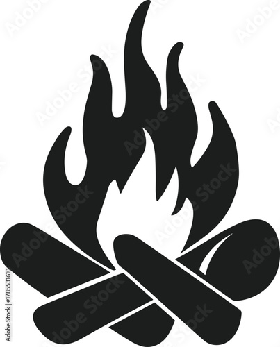 Black vector bonfire with flames and logs on white background
