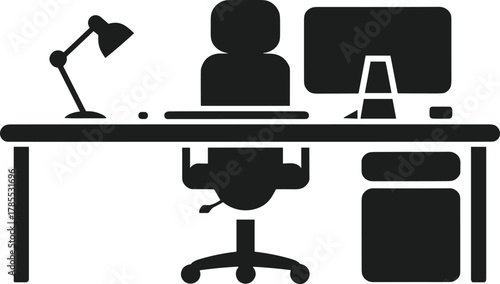 Silhouette of a desk with computer lamp and chair office