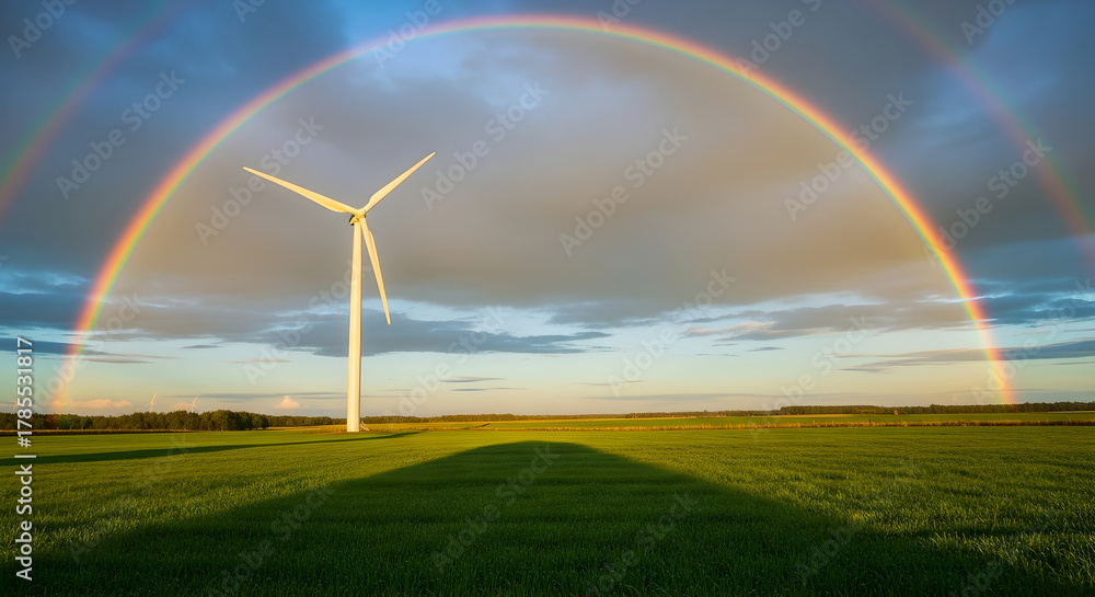Obraz premium Sustainable Future: Majestic Wind Turbine Under a Double Rainbow in Green Field