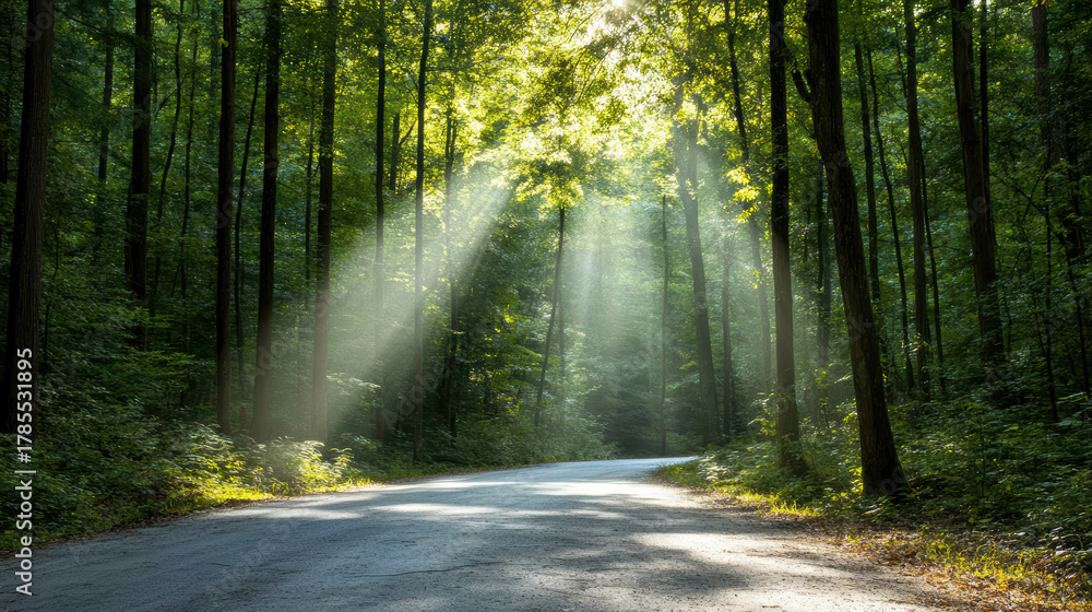 Obraz premium Sunlight filters through tall trees onto quiet forest road, creating serene and peaceful atmosphere. lush greenery and dappled light evoke sense of tranquility