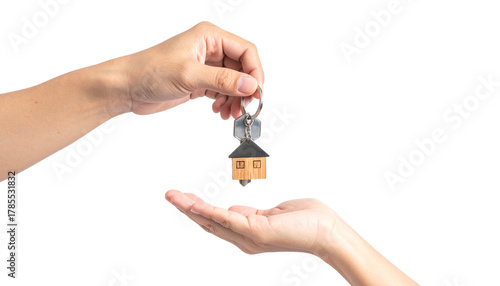 Hand Giving House Key with a House Shaped Key Chain Isolated on Transparent Background