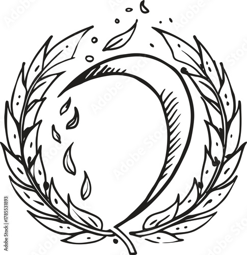 Hand drawn crescent moon with drops in a natural laurel wreath