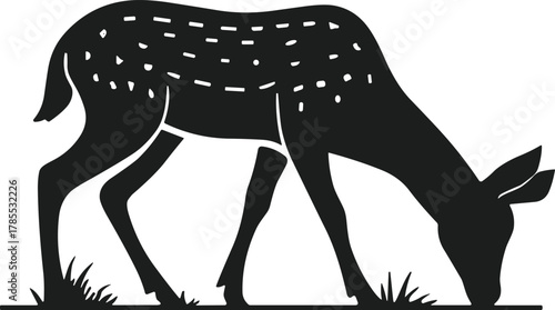 Black silhouette of a spotted deer grazing on grass vector