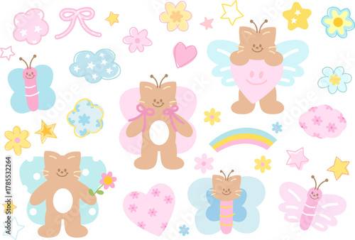Cute vector illustrations of pastel cat, butterfly wings, stars, flowers, rainbow, heart, cloud for animal decoration, kitten cartoon, pet shop, vet, characters, comic, mascot, patch, adopt and rescue