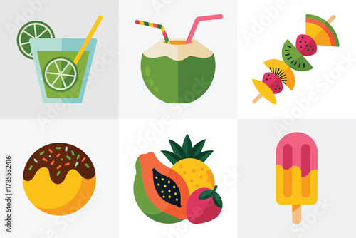 Flat vector icons for refreshing summer snacks, showing tropical drinks, coconut, ice cream, macaron, and papaya fruit,