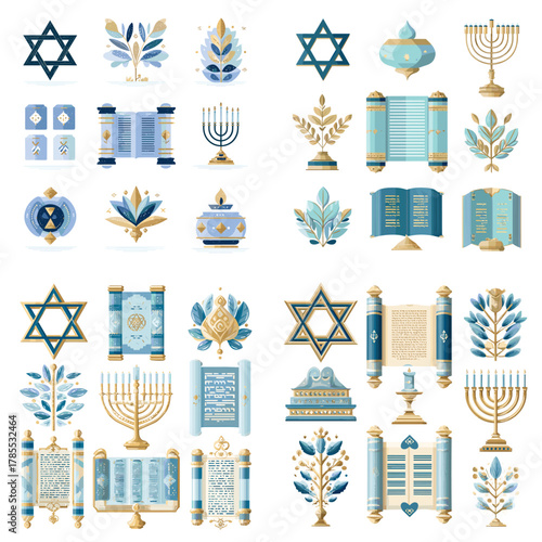 Watercolor Judaica collection featuring Star of David, Torah, menorah, decorative motifs, and religious elements in blue and gold tones. Ideal for cultural, spiritual, and holiday themes.