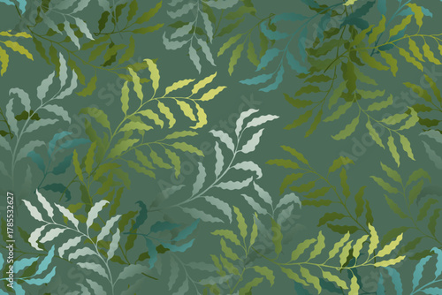 Willow branches tree leaves rich vector seamless pattern. Wallpaper or wrapping paper print. Natural decorative ornament. Beautiful plant design. Leaves on branches swatch.