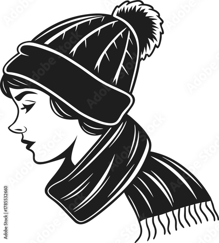 Winter woman in beanie hat and scarf, profile outline silhouette