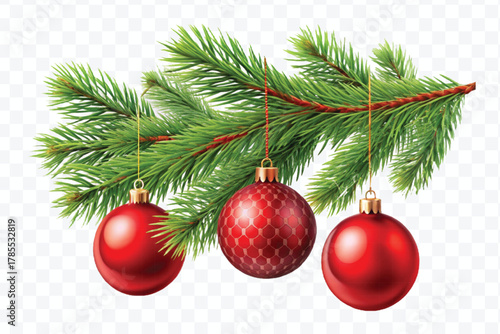 red decoration balls hanging from christmas tree branch isolated on transparent background 