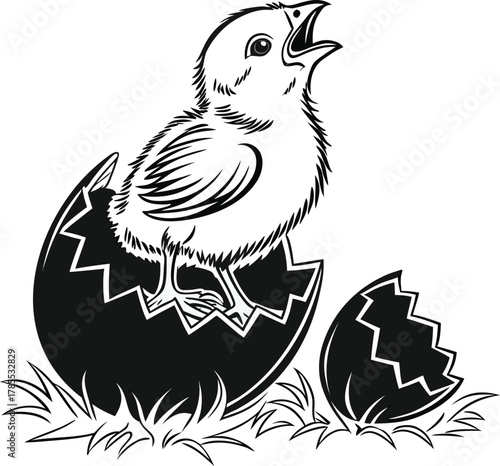 Newly hatched chick stands on broken eggshell, a fresh beginning.