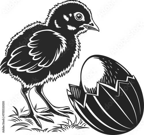 Newly hatched chick standing beside broken eggshell on grass