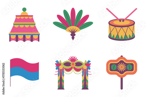 Outline color icons for South American Carnival, illustrating colorful sign, fan, drum, arch entrance, and Brazilian flag,
