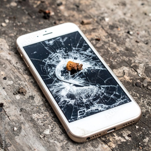 Smashed phone screen with stone on weathered wood
