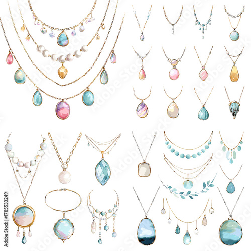 A delicate watercolor jewelry collection featuring gemstone pendants, layered necklaces, crystals, and elegant charms in soft pastel tones.