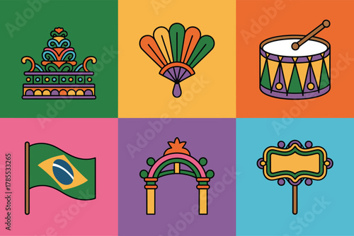 Flat vector icons for Brazilian Carnival, featuring parade sign, samba drum, tambourine, fan, arch, and Brazil flag,