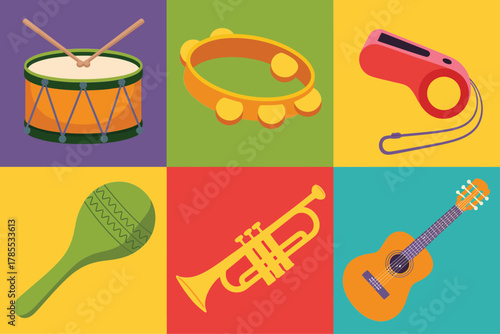 Outline color icons for festive music, illustrating maraca, tambourine, trumpet, whistle, drum, and guitar instrument,