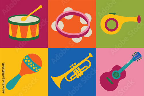Flat vector icons for musical celebration, featuring tambourine, drum, maraca, saxophone, whistle, and festive guitar instrument,