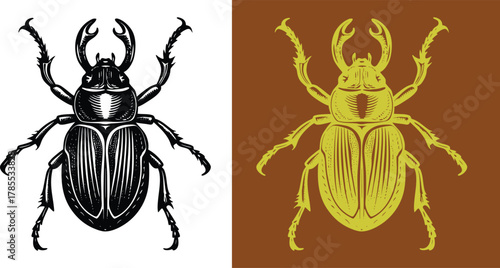 Stylized scarab beetle illustration in black and yellow, perfect for vintage designs, entomology projects, or unique artistic creations that need an ancient touch