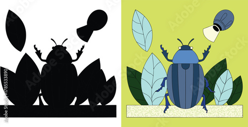 Whimsical beetle art design with leaves and modern style, perfect for children's prints and playful branding, adding a touch of nature and charm