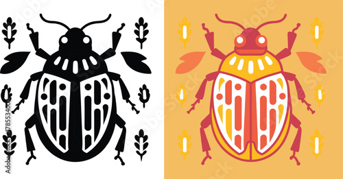 Eye-catching beetle illustration in black and white or vibrant color palette for nature-inspired designs and decorative arts projects with organic feel