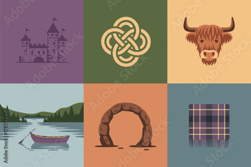 Flat vector icons for Scottish and Celtic culture, featuring castle, knot symbol, longhorn bull, arch, and river landscape,