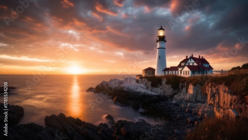 Dramatic sunrise over a lighthouse