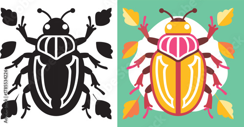 Bold geometric beetle with autumn leaves, perfect for nature lovers and eye-catching designs, ideal for adding a touch of whimsy and style to any project.