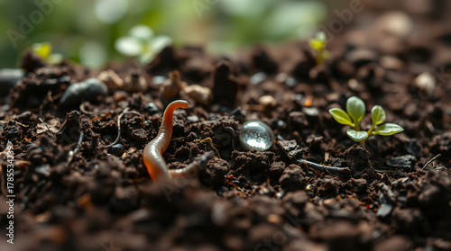 Close-up Macro Shot of a Small Earthworm Moving on Rich Moist Soil Next to a Water Droplet and Tiny Green Seedlings, Illustrating Healthy Soil, Biodiversity, and Natural Ecosystems