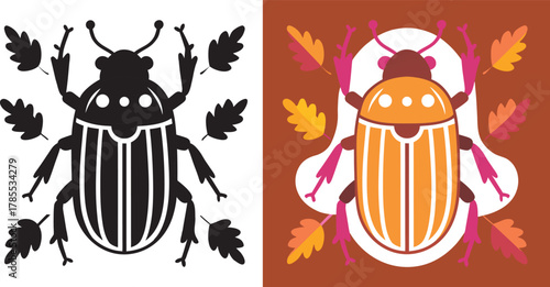 Charming beetle illustration with autumnal leaves in vibrant, stylized design perfect for nature and seasonal projects