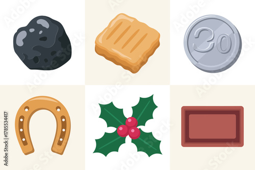 Flat vector icons for winter holidays, featuring coal, holiday cookies, silver coin, horseshoe, holly, and welcome mat,