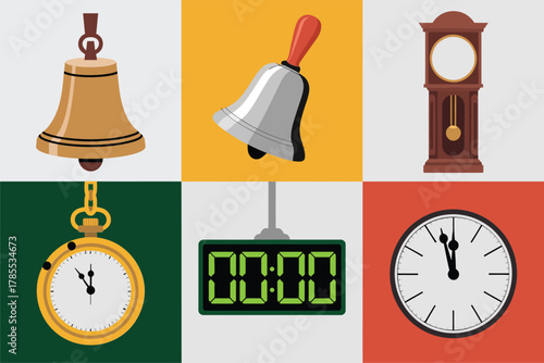 Detailed flat vector icons for time management, featuring antique clock, modern digital watch, bell, and hour timer,