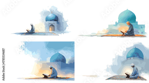 A peaceful watercolor illustration set of a man praying beside a blue-domed mosque, symbolizing devotion, tranquility, and spiritual connection.
