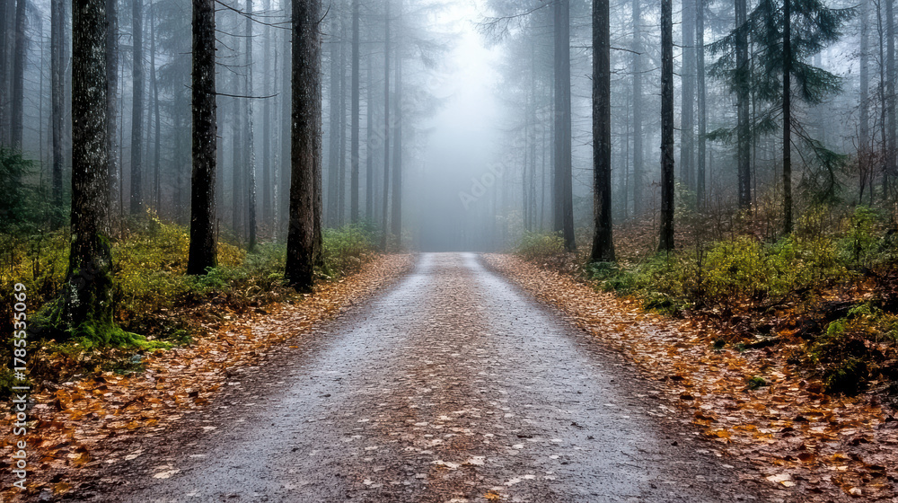 Fototapeta premium Foggy forest path lined with tall trees and fallen leaves creates serene and mysterious atmosphere. mist obscures distance, inviting exploration and reflection