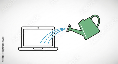 Watering can pouring water into a laptop, symbolizing the nurturing and growth of technology