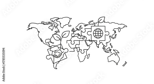 World map with puzzle pieces concept of global cooperation, partnership, and solving international issues