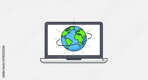Illustration of a laptop displaying a globe with orbiting lines, representing global connectivity and digital communication