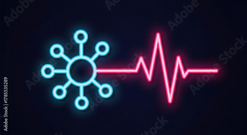 Vibrant neon illustration depicting a virus cell connected to a heartbeat line, symbolizing health monitoring and medical technology