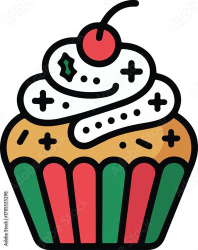 Colorful vector cupcake with creamy white frosting, festive sprinkles, and a cherry on top in a striped wrapper