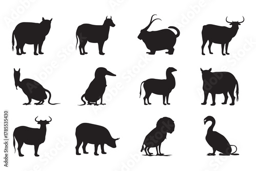  Collection of diverse farm and wild animal silhouettes in black silhouette